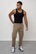 Купить Джинсы карго мужские с накладными карманами бежевого цвета 2402B, фото 4