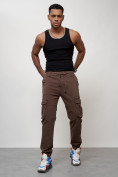 Купить Джинсы карго мужские с накладными карманами коричневого цвета 2402K, фото 9