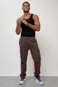 Купить Джинсы карго мужские с накладными карманами коричневого цвета 2404K, фото 3