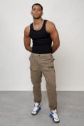 Купить Джинсы карго мужские с накладными карманами бежевого цвета 2417B, фото 12