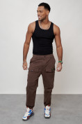 Купить Джинсы карго мужские с накладными карманами коричневого цвета 2417K, фото 6
