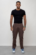 Купить Джинсы карго мужские с накладными карманами коричневого цвета 2418K, фото 10