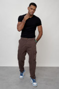 Купить Джинсы карго мужские с накладными карманами коричневого цвета 2418K, фото 5