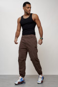 Купить Джинсы карго мужские с накладными карманами коричневого цвета 2419K, фото 9