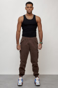 Купить Джинсы карго мужские с накладными карманами коричневого цвета 2420K, фото 8