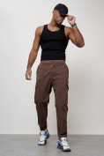 Купить Джинсы карго мужские с накладными карманами коричневого цвета 2422K, фото 5