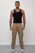 Купить Джинсы карго мужские с накладными карманами бежевого цвета 2424B, фото 2