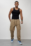 Купить Джинсы карго мужские с накладными карманами бежевого цвета 2424B, фото 9