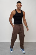 Купить Джинсы карго мужские с накладными карманами коричневого цвета 2424K, фото 10