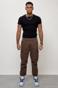 Купить Джинсы карго мужские с накладными карманами коричневого цвета 2427K, фото 8