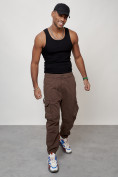 Купить Джинсы карго мужские с накладными карманами коричневого цвета 2428K, фото 12