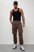 Купить Джинсы карго мужские с накладными карманами коричневого цвета 2428K, фото 9
