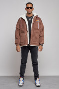 Купить Плюшевая куртка мужская с капюшоном молодежная коричневого цвета 28117K
