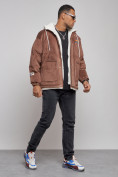 Купить Плюшевая куртка мужская с капюшоном молодежная коричневого цвета 28117K, фото 3