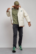 Купить Куртка из экокожи мужская с плюшевым капюшон бежевого цвета 28132B, фото 12