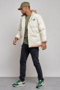 Купить Куртка из экокожи мужская с плюшевым капюшон бежевого цвета 28132B, фото 2