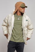 Купить Куртка из экокожи мужская с плюшевым капюшон бежевого цвета 28132B, фото 6