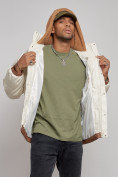 Купить Куртка из экокожи мужская с плюшевым капюшон бежевого цвета 28132B, фото 7