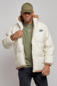 Купить Куртка из экокожи мужская с плюшевым капюшон бежевого цвета 28132B, фото 8