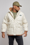 Купить Куртка из экокожи мужская с плюшевым капюшон бежевого цвета 28132B, фото 9