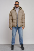 Купить Куртка спортивная болоньевая мужская зимняя с капюшоном бежевого цвета 3111B
