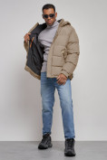Купить Куртка спортивная болоньевая мужская зимняя с капюшоном бежевого цвета 3111B, фото 11