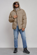 Купить Куртка спортивная болоньевая мужская зимняя с капюшоном бежевого цвета 3111B, фото 5