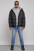 Купить Куртка спортивная болоньевая мужская зимняя с капюшоном черного цвета 3111Ch