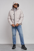 Купить Куртка спортивная болоньевая мужская зимняя с капюшоном светло-бежевого цвета 3111SB, фото 5