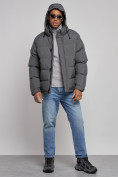 Купить Куртка спортивная болоньевая мужская зимняя с капюшоном серого цвета 3111Sr, фото 5