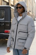 Купить Куртка спортивная мужская зимняя с капюшоном светло-серого цвета 3222SS, фото 4