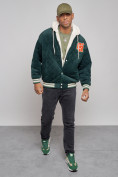 Купить Бомбер плюшевый мужской с капюшоном молодежный темно-зеленого цвета 38135TZ, фото 10