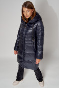 Купить Пальто утепленное с капюшоном зимнее женское  темно-синего цвета 442116TS