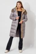 Купить Пальто утепленное с капюшоном зимнее женское  серого цвета 442181Sr