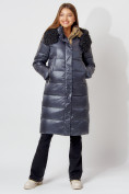Купить Пальто утепленное с капюшоном зимнее женское  темно-синего цвета 442181TS