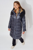 Купить Пальто утепленное с капюшоном зимнее женское  темно-синего цвета 442181TS, фото 6