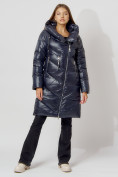 Купить Пальто утепленное с капюшоном зимнее женское  темно-синего цвета 442185TS