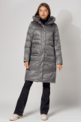 Купить Пальто утепленное с капюшоном зимнее женское  серого цвета 442186Sr