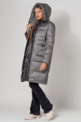 Купить Пальто утепленное с капюшоном зимнее женское  серого цвета 442186Sr, фото 12