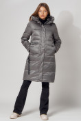 Купить Пальто утепленное с капюшоном зимнее женское  серого цвета 442186Sr, фото 4