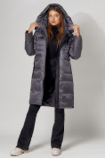 Купить Пальто утепленное с капюшоном зимнее женское  темно-серого цвета 442186TC