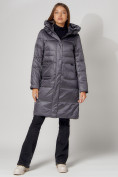 Купить Пальто утепленное с капюшоном зимнее женское  темно-серого цвета 442186TC, фото 6