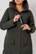 Купить Пальто утепленное с капюшоном зимнее женское  темно-зеленого цвета 442187TZ, фото 13