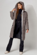 Купить Пальто утепленное с капюшоном зимние женское  коричневого цвета 442189K, фото 13