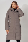 Купить Пальто утепленное с капюшоном зимние женское  коричневого цвета 442189K, фото 3