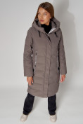 Купить Пальто утепленное с капюшоном зимние женское  коричневого цвета 442189K, фото 5