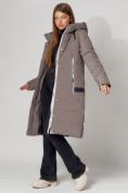 Купить Пальто утепленное с капюшоном зимние женское  коричневого цвета 442189K, фото 9