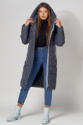 Купить Пальто утепленное с капюшоном зимние женское  темно-синего цвета 442189TS