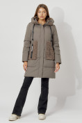 Купить Пальто утепленное с капюшоном зимнее женское  коричневого цвета 442197K