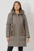 Купить Пальто утепленное с капюшоном зимнее женское  коричневого цвета 442197K, фото 2